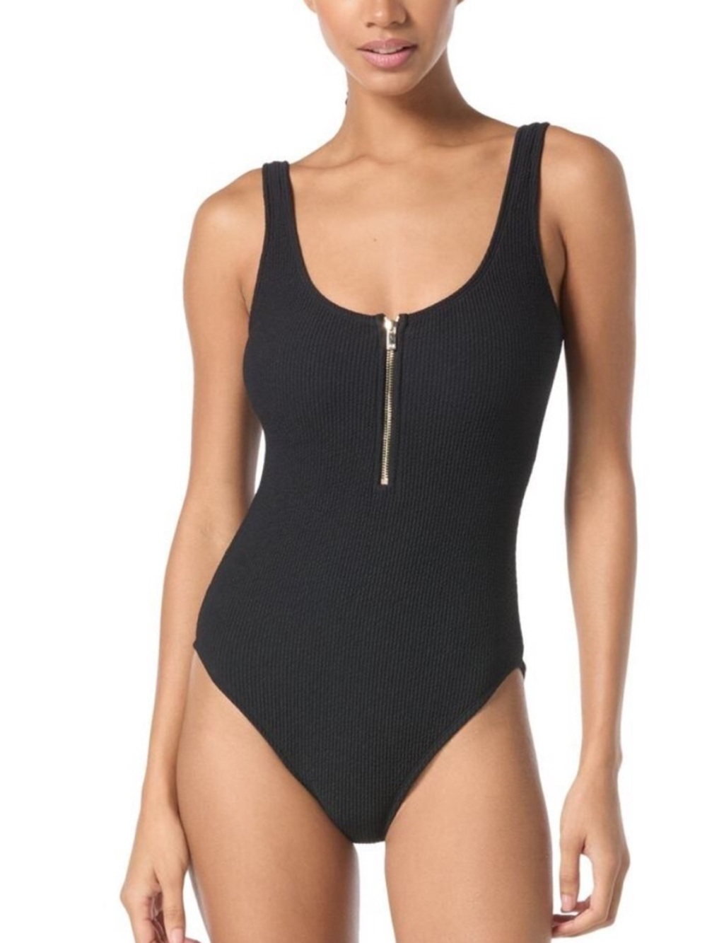 Michael Kors Black Ribbed Zip-Front one piece swim suit